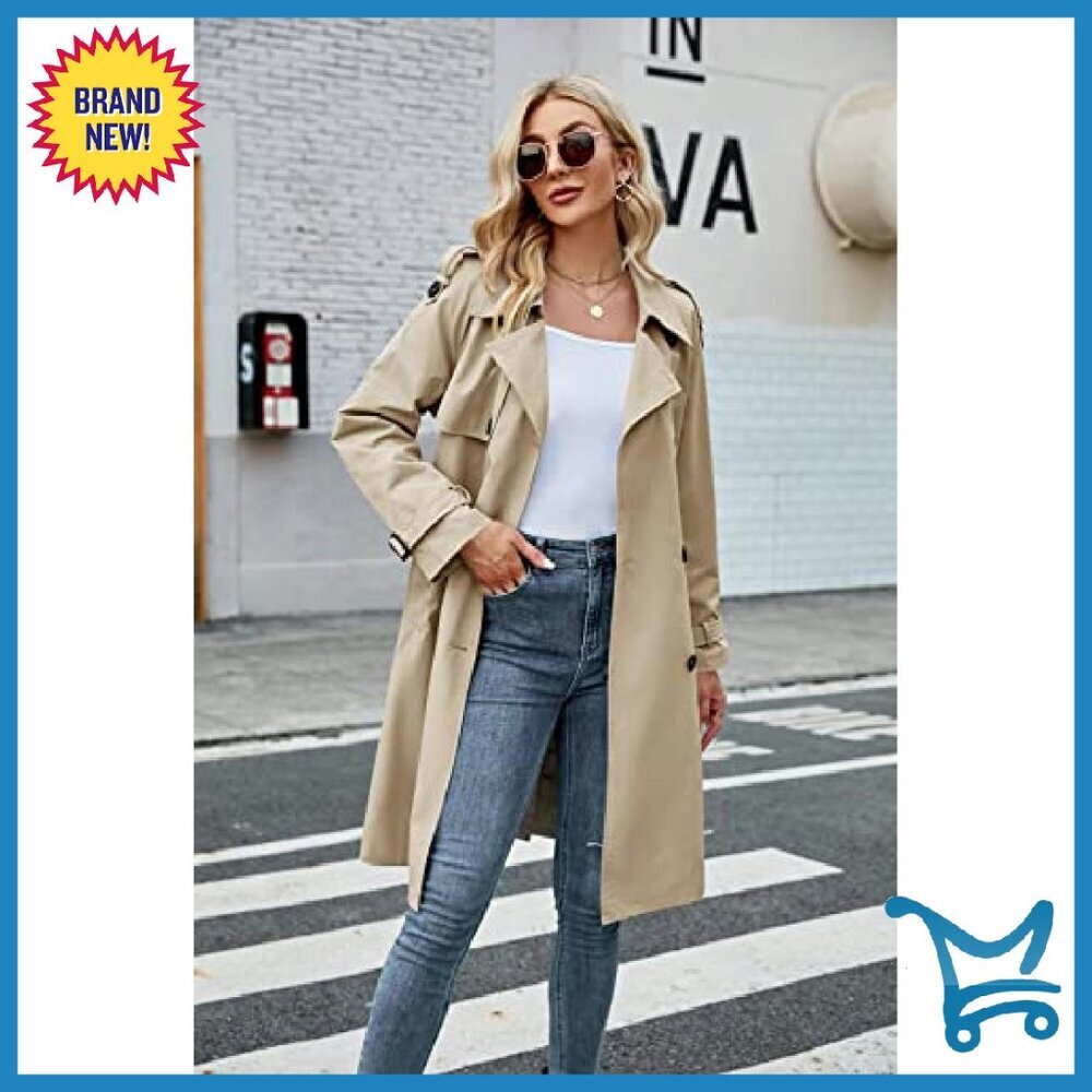 Women's Slim Fit Trench Coat Double Breasted Long Windproof Belted - Picture 5 of 8